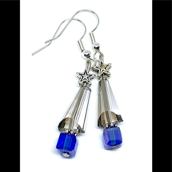Silver Gray Royal Blue Crystal Cone and Cube Silver Star Christmas Tree Earrings - Picture 1 of 2